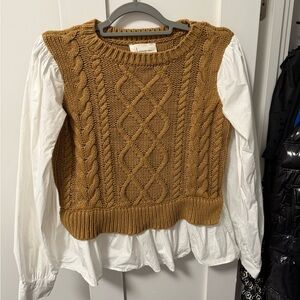 Anthropologie Brown Cable Knit Sweater with White Sleeves